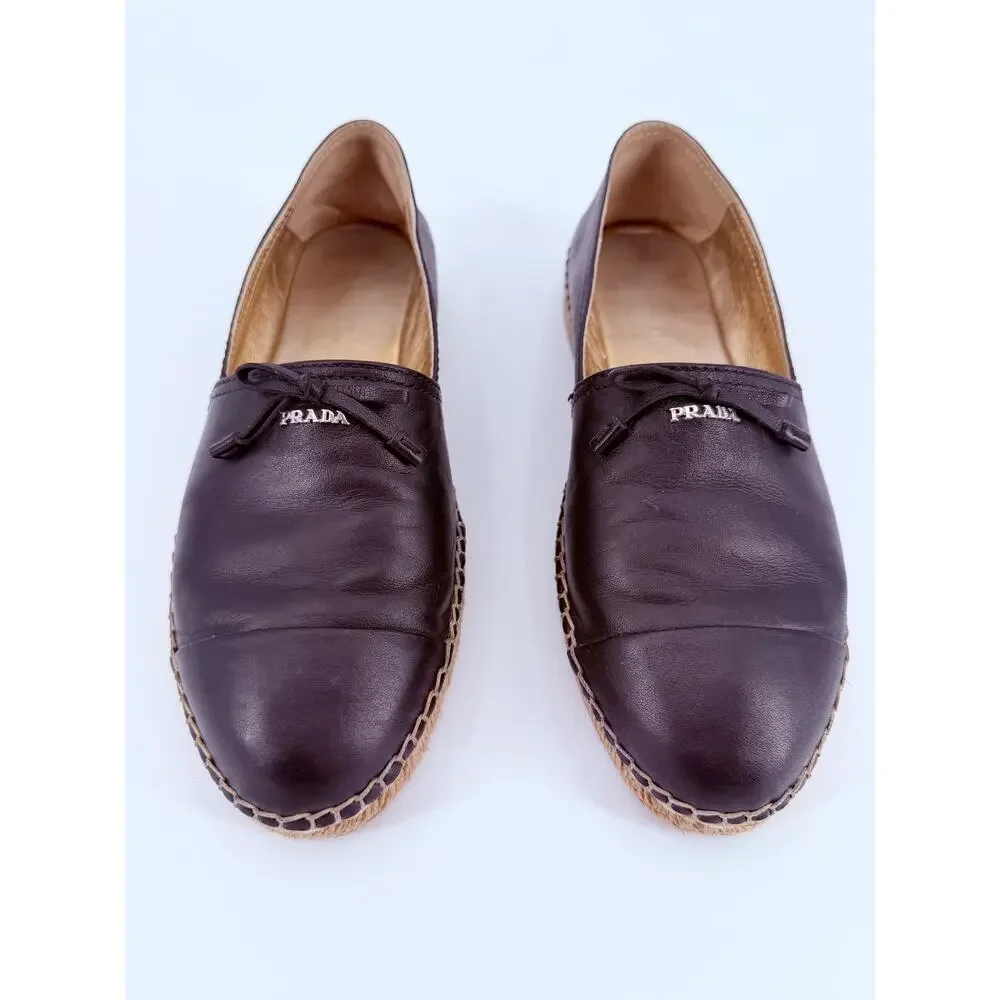 Prada Black Leather Cap Toe Espadrille Bow Ballerina Jute Slip On Flats 39